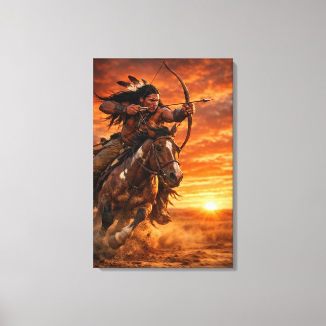 Native American Warrior on Galloping Horse Sunset Canvastryck (Framsida)