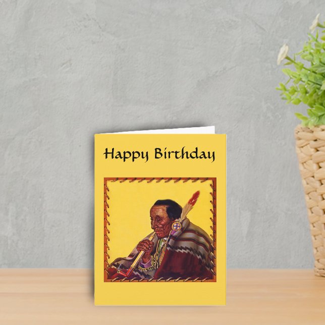Native American Warrior Peace Pipe Birthday Kort (Native American male peace pipe stitched border on yellow happy Birthday greeting card.)