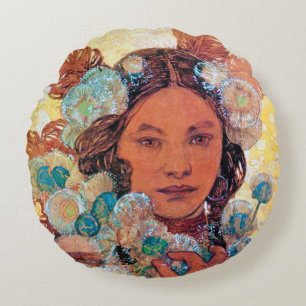 Native American Woman, Alphonse Mucha Dekorativ ku Rund Kudde