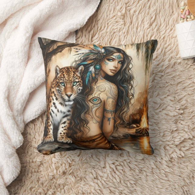 Native American Woman and Tiger by Waterfall Kudde (Filt)