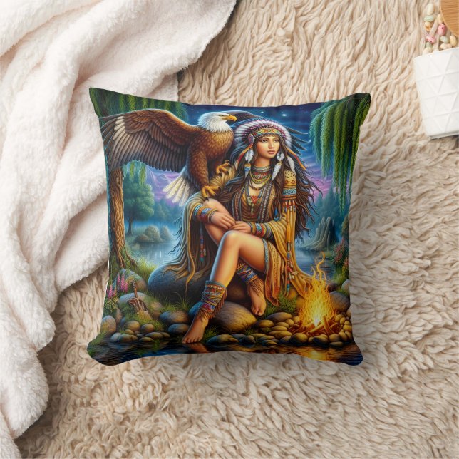 Native American Woman av Vatten vid natten Kudde (Filt)