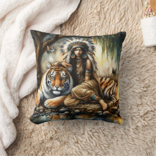 Native American Woman Beside a Tiger vid en flod Kudde