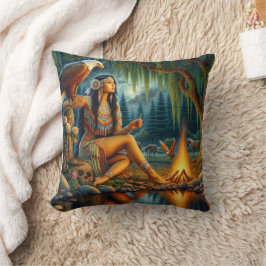 Native American Woman by Campfire, Eagle Kudde