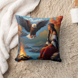 Native American Woman by Campfire, Eagle Kudde