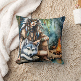 Native American Woman by Campfire with Varg Kudde