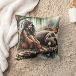 Native American Woman by River with Bear Kudde