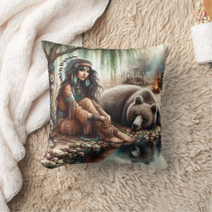 Native American Woman by River with Bear Kudde