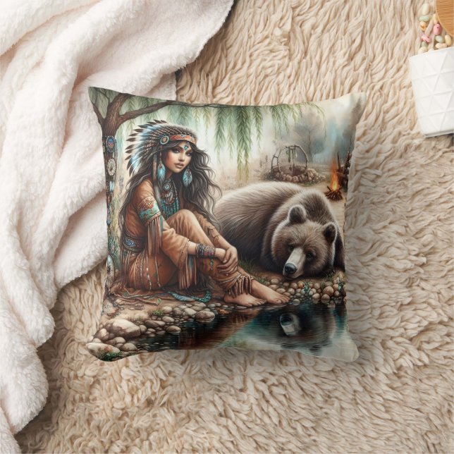 Native American Woman by River with Bear Kudde (Filt)