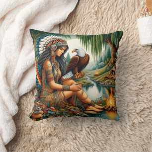 Native American Woman Holding Eagle av Riverbank Kudde