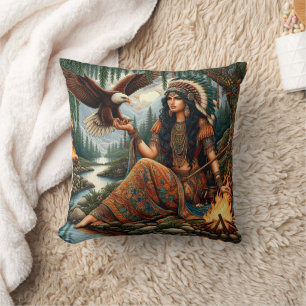 Native American Woman Holding Eagle by River Kudde