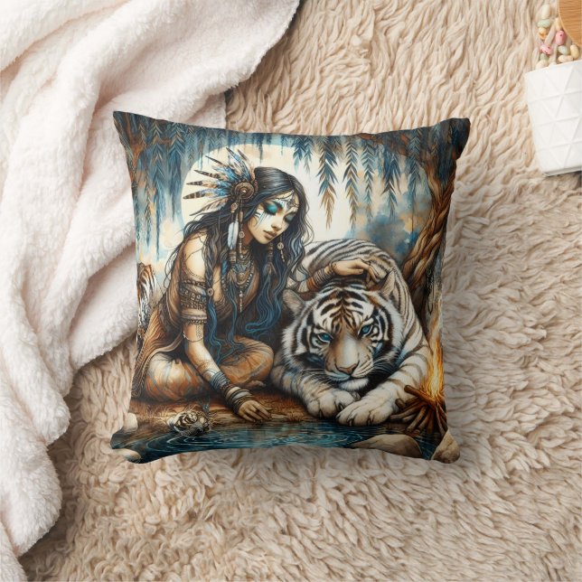 Native American Woman med en tiger i naturen Kudde (Filt)