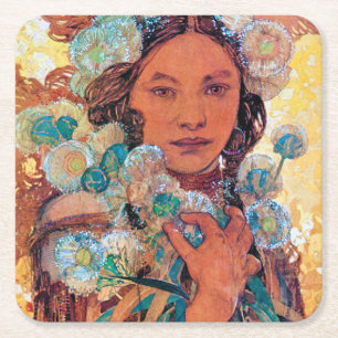Native American Woman, Mucha Underlägg Papper Kvadrat