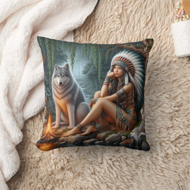 Native American Woman Sitta av en Varg Kudde (Filt)