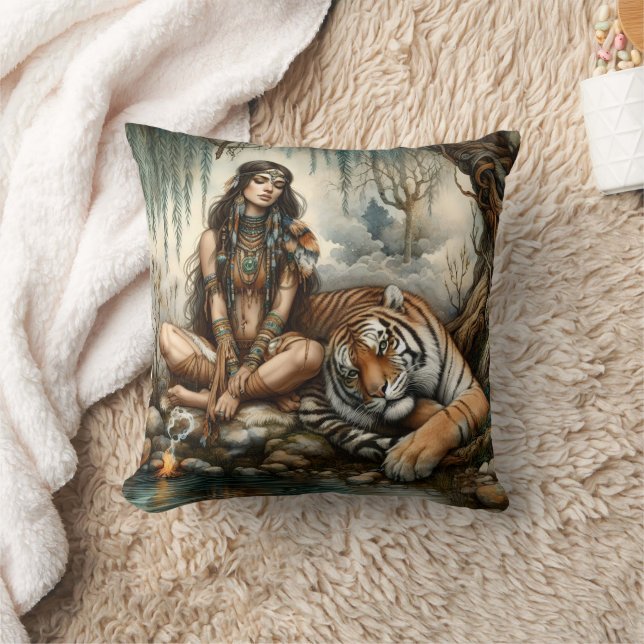 Native American Woman Sitta av Tiger vid floden Kudde (Filt)