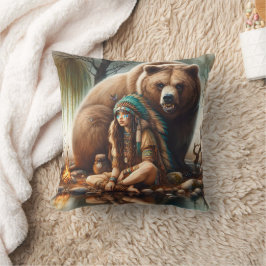 Native American Woman Sitta by Bear in Nature Kudde