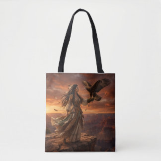 Native American Woman with Eagle on Cliff Tote Bag Tygkasse