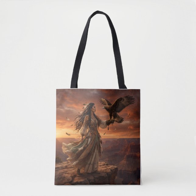 Native American Woman with Eagle on Cliff Tote Bag Tygkasse (Framsida)
