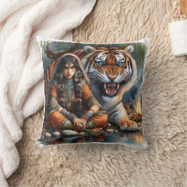 Native American Woman With Tiger by River på Dusk Kudde