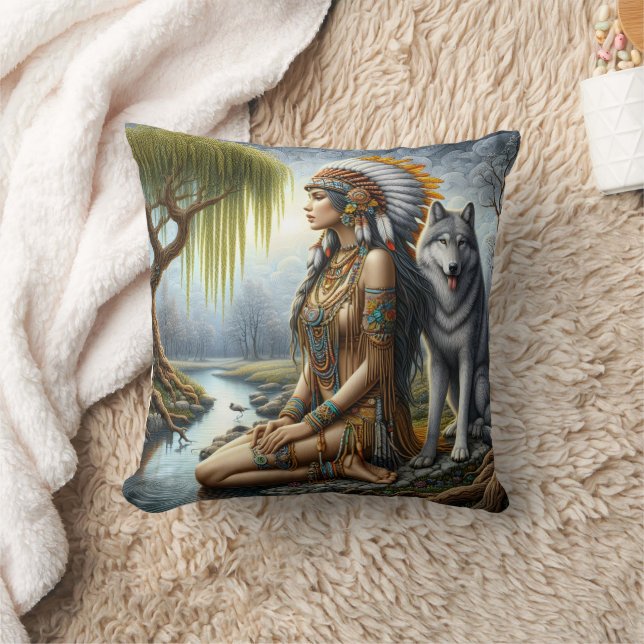 Native American Woman With Varg by Tranquil River Kudde (Filt)