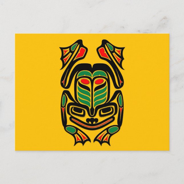 Native Haida Art Frog - svart på gult Vykort (Framsida)