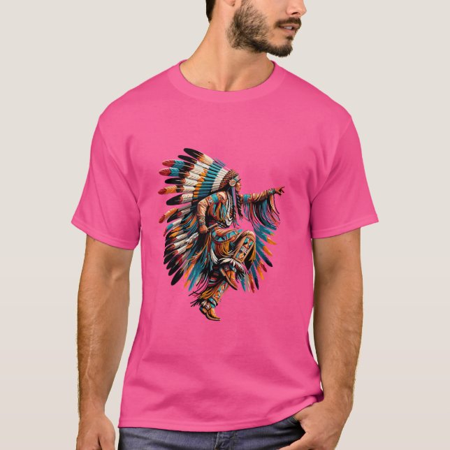 Native Indian Cherokee Tribe Chief Feather Headd T Shirt (Framsida)