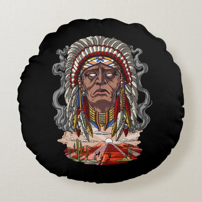 Native Indian Chief Headdress Rund Kudde (Framsidan)