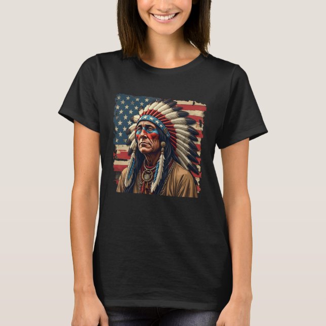 Native Indian Chief Patriotic American T Shirt (Framsida)