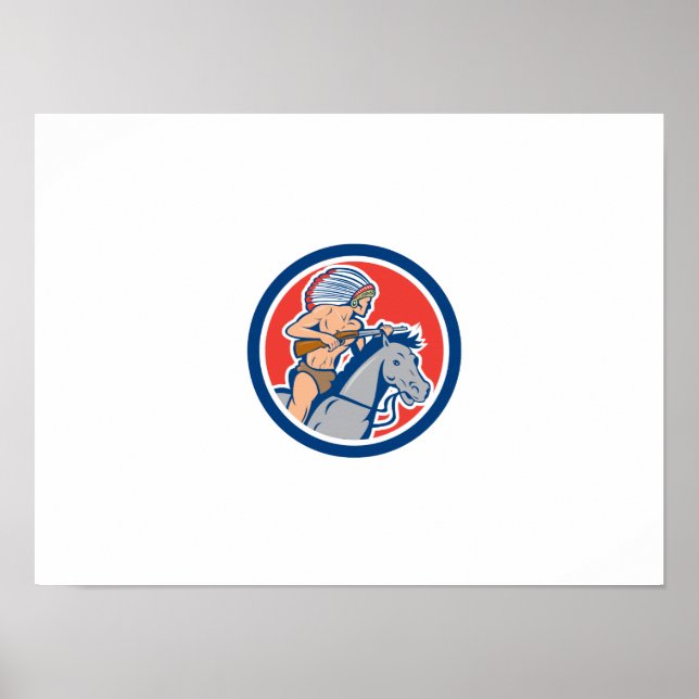 Native Indian Chief Riding Horse Tecknad Poster (Framsidan)