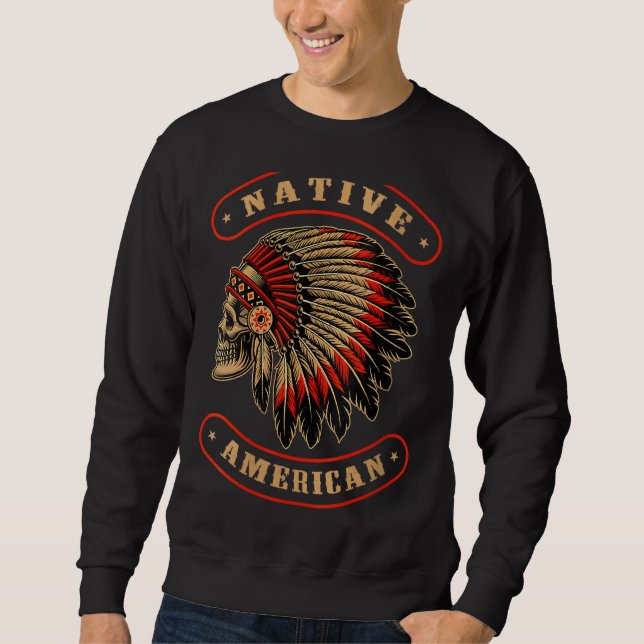 Native Indian Chief Skull Krig Bonnet Fea Lång Ärmad Tröja (Framsida)