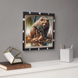 Native Indian Girl Bear Harmony Fyrkantig Klocka