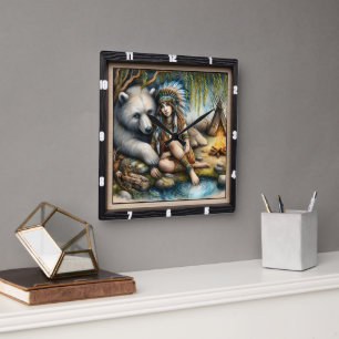 Native Indian Girl Bear Nature Fyrkantig Klocka