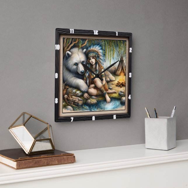 Native Indian Girl Bear Nature Fyrkantig Klocka (Kontor)