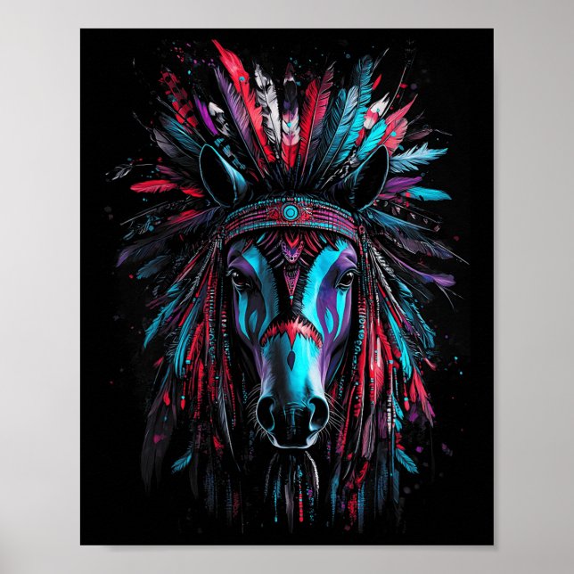 Native Indian Krig Bonnet Horse Gift Poster (Framsidan)