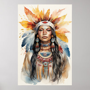 Native Indian Princess Watercolor Art Poster