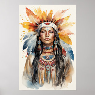 Native Indian Princess Watercolor Art Poster