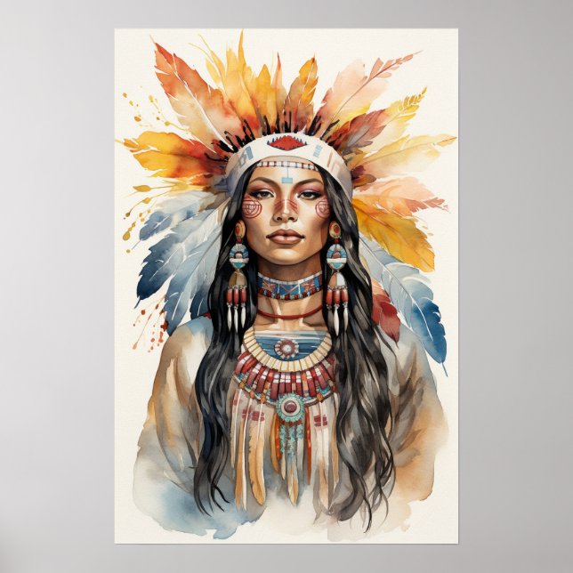 Native Indian Princess Watercolor Art Poster (Framsidan)