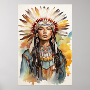 Native Indian Princess Watercolor Art Poster