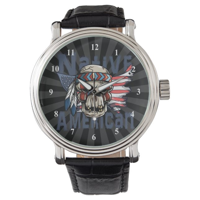 Native Indian Warrior Skull USA flagga Armbandsur (Framsida)