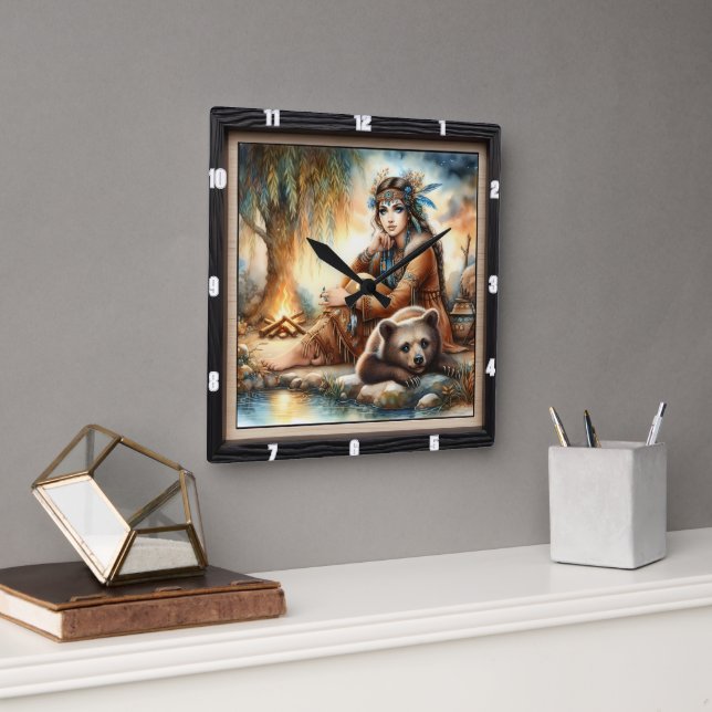 Native Indian Woman Bear Willow Fyrkantig Klocka (Kontor)