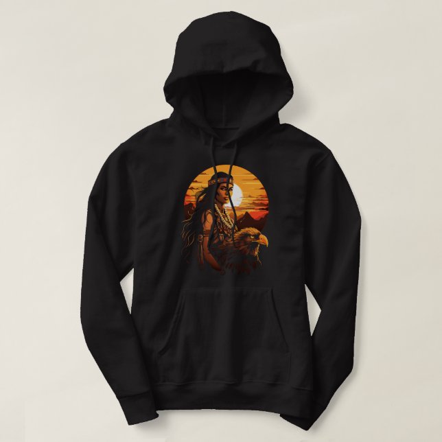 Native Indian Woman Eagle Sunset Indigeno Hoodie (Design framsida)