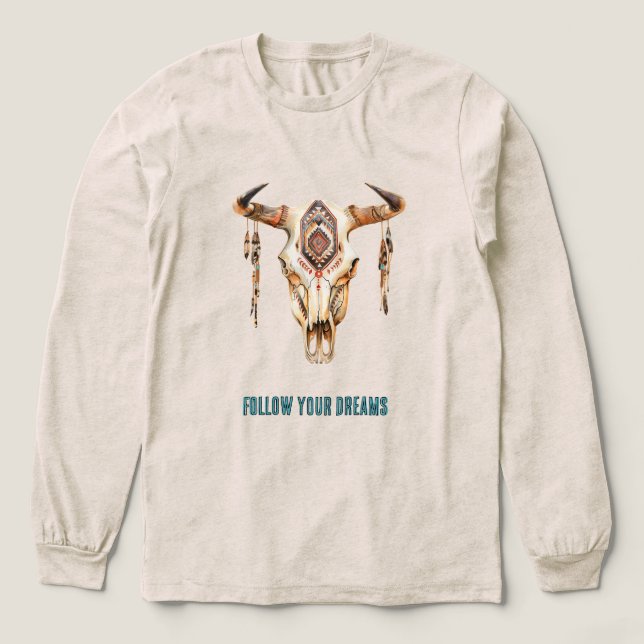 Native Tribal Bull Horns Skull T Shirt (Design framsida)