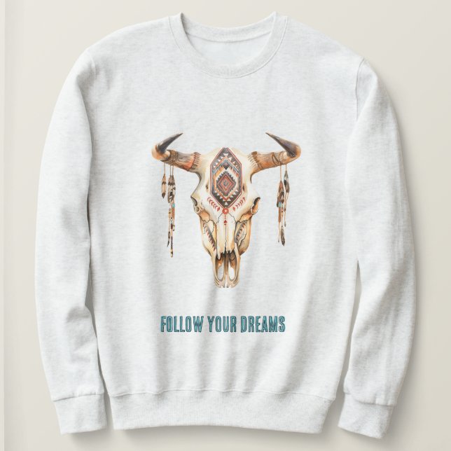 Native Tribal Bull Horns Skull T Shirt (Design framsida)