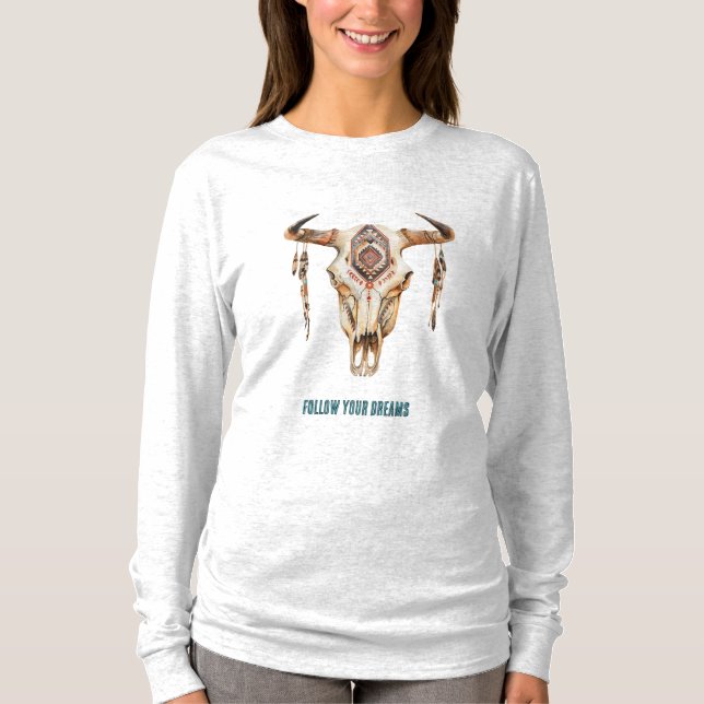 Native Tribal Bull Horns Skull T Shirt (Framsida)