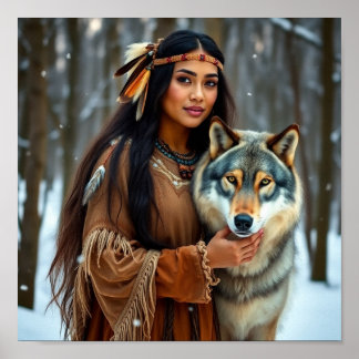 Native Woman med hennes Varg Poster