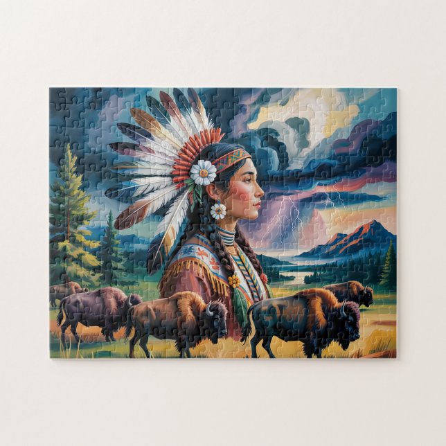 Native Woman With Bison Pussel (Horisontell)