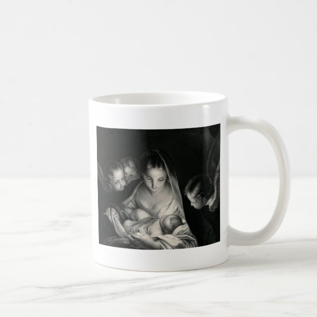 Nativitet Baby Jesus Virgin Mary Änglar Black Whit Kaffemugg (Höger)
