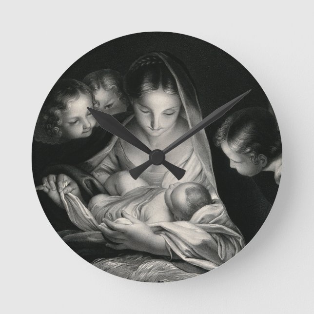 Nativitet Baby Jesus Virgin Mary Änglar Black Whit Rund Klocka (Framsida)