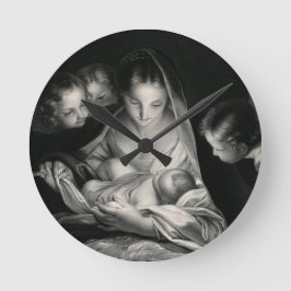 Nativitet Baby Jesus Virgin Mary Änglar Black Whit Rund Klocka