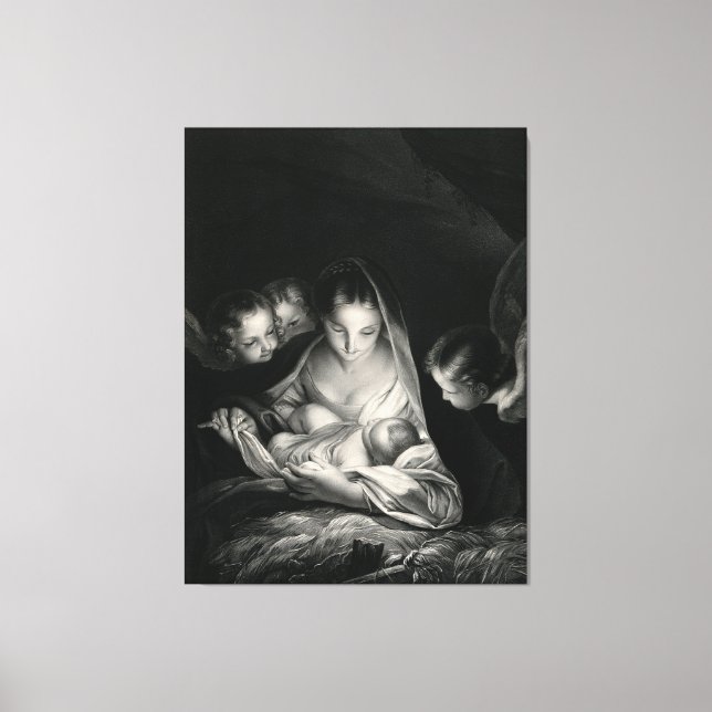 Nativitet Jesus Virgin Mary Änglar Black White Canvastryck (Framsida)