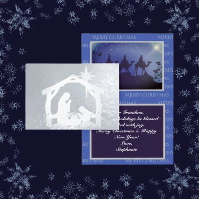 Nativitet Lux Blue & Silver jul Folierat Kort (Skapare uppladdad)